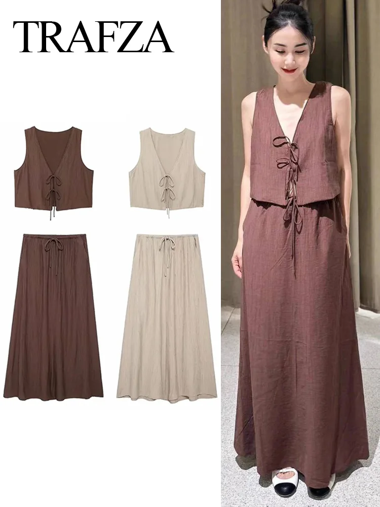 TRAFZA 2024 Women Solid V-Neck Sleeveless Lace Up Cardigan Vest+ Drawstring With Pockets Casual Loose Skirt 2 Piece Set TRAF