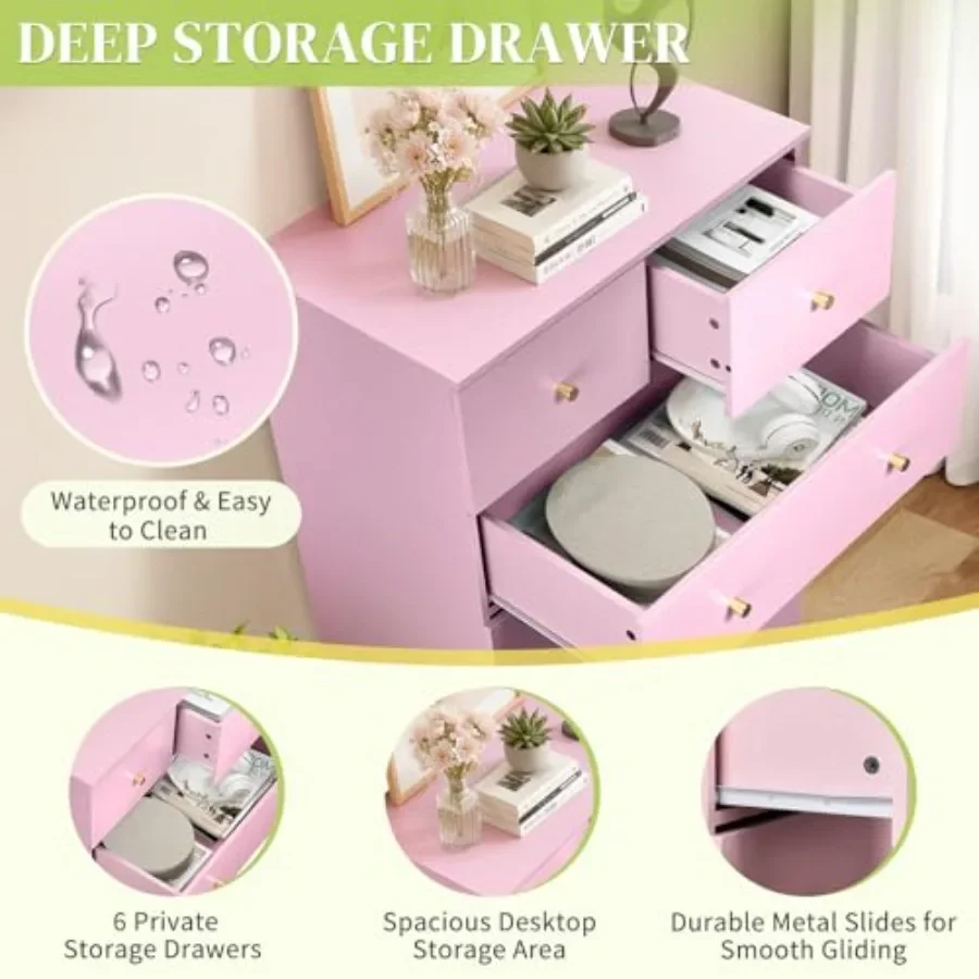 6 Drawer Dresser, Rose Gold Handle Modern Bedroom Chest view 3