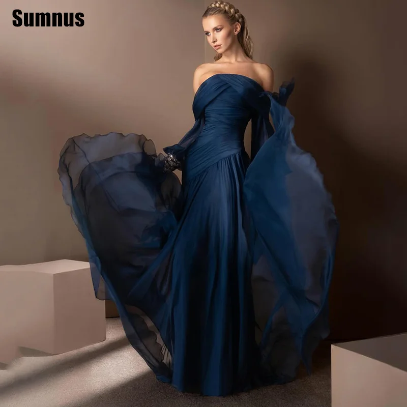 

Sumnus Elegant A-Line Evening Dresses Navy Blue Off Shoulder Sequined Pleats Formal Dresses Gala robes de soirée Customized