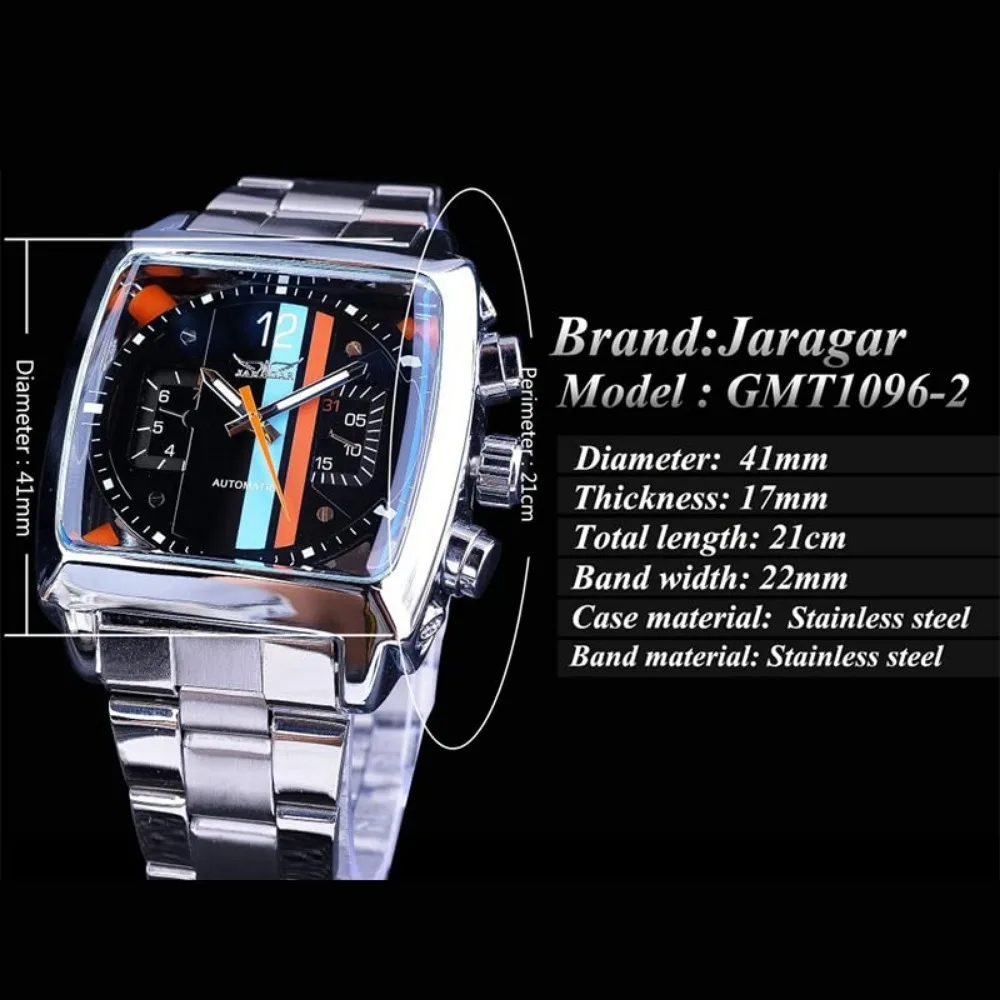 Luxury Mens Automatic Mechanical Watches Analog Oblong Date Silver Stainless Steel Watch for Men Business Luminous Wristwatch