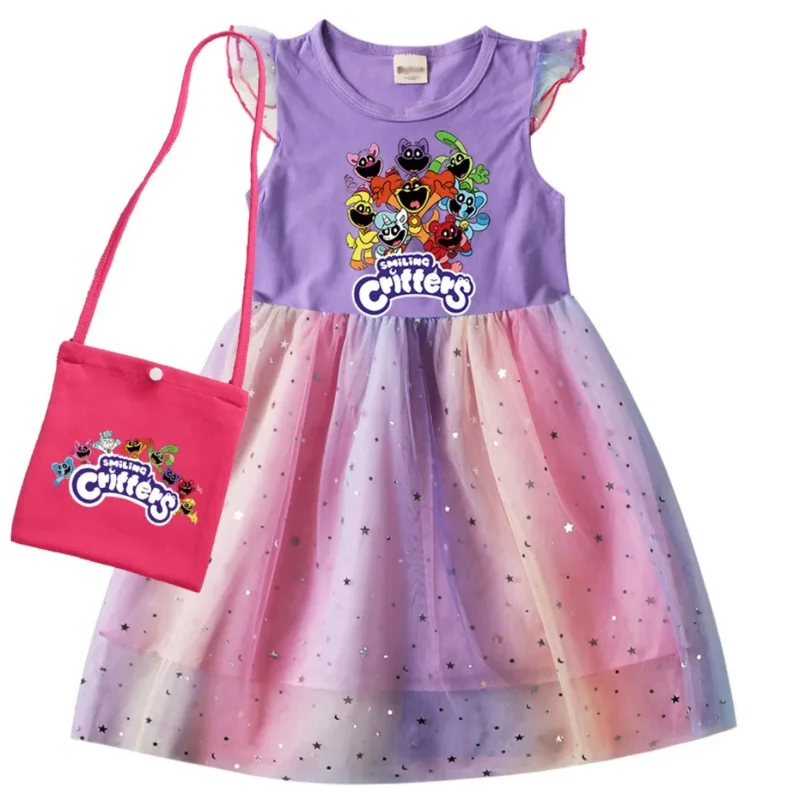 Cartoon smiling critters baby girl dresses kids catnap clothes cosplay costume children fly sleeve casual dress with bag