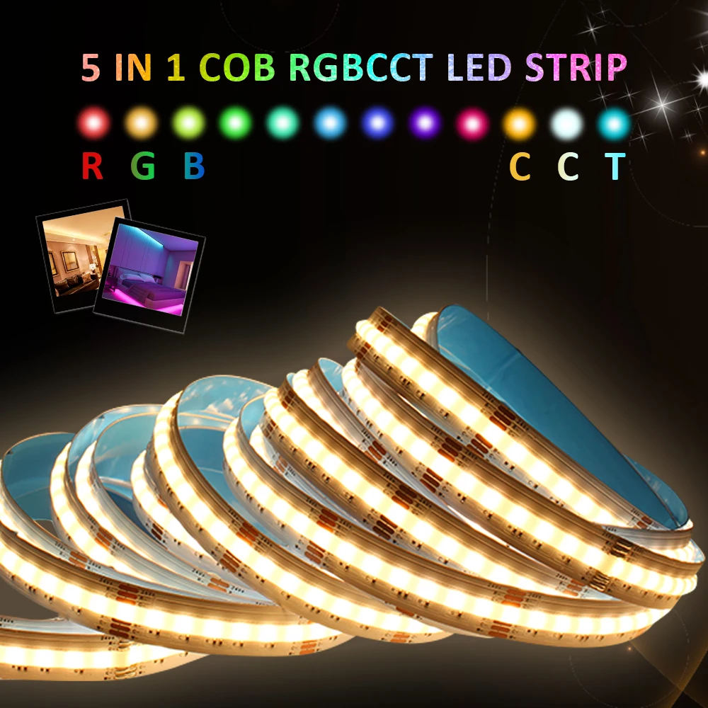 

5M COB RGBCCT LED Strip Light Tape Lamp DC 24V 840LEDs/M 5 in 1 RA90 RGBCW LED Dimmable High Density Flexible FOB Linear Ribbon