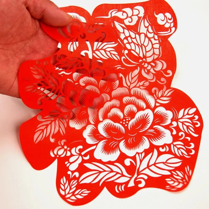 20CM Chinese Paper-cutting Hollow Blessing FU Koi Carp Magpie Panda Flower Rice Paper Window Decal Sticker Spring Festival Decor