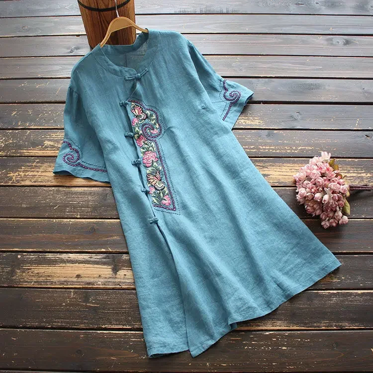 

Chinese Style Clothing Women Clothes New Summer Chinese Cheongsam Tops Embroidered Shirt Blouse Cotton Linen Hanfu Ladies E3526