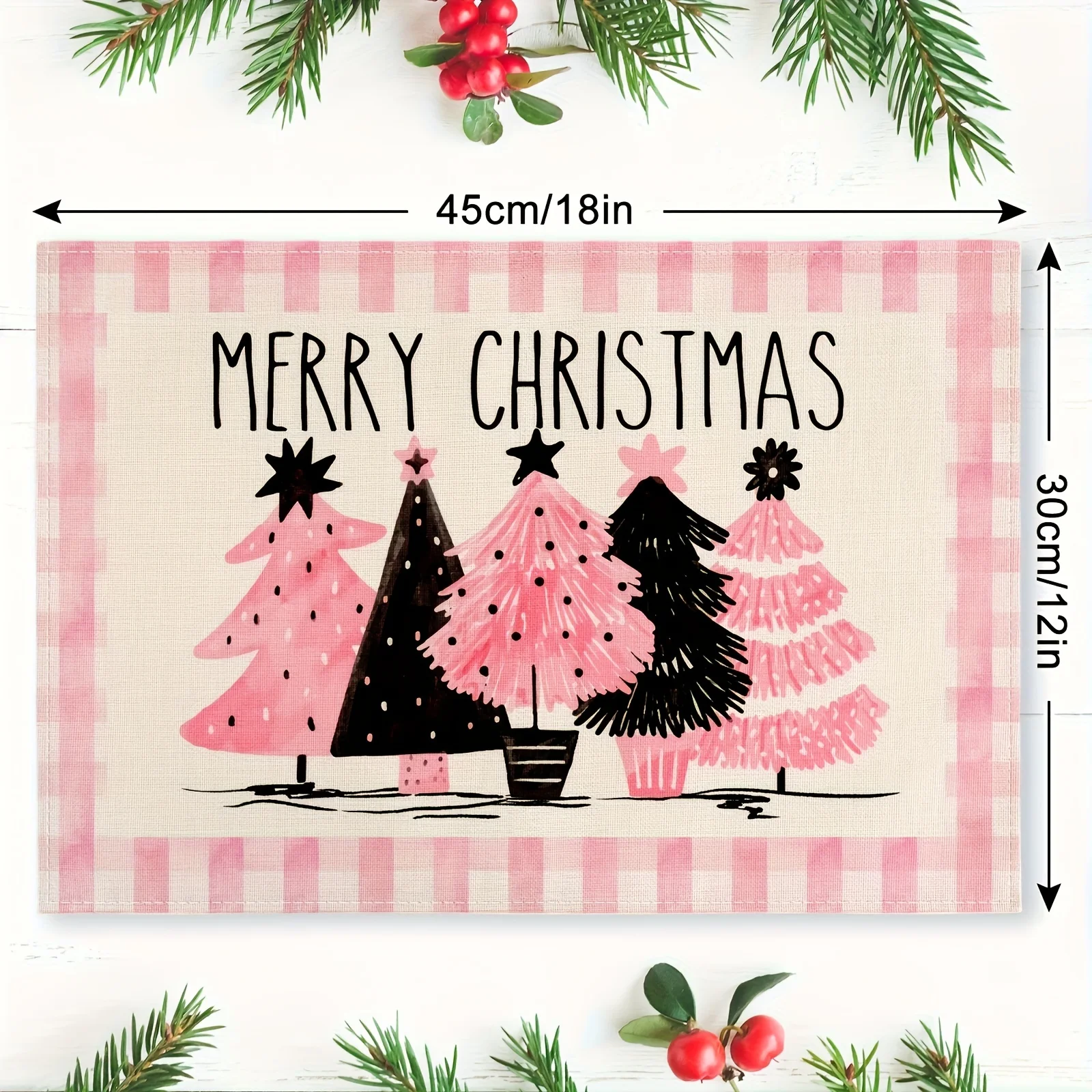 1 Pink Checkered Christmas Tree Placemat. Suitable for Dining Tables, Kitchens, Parties, Indoors, and Holiday Dinners