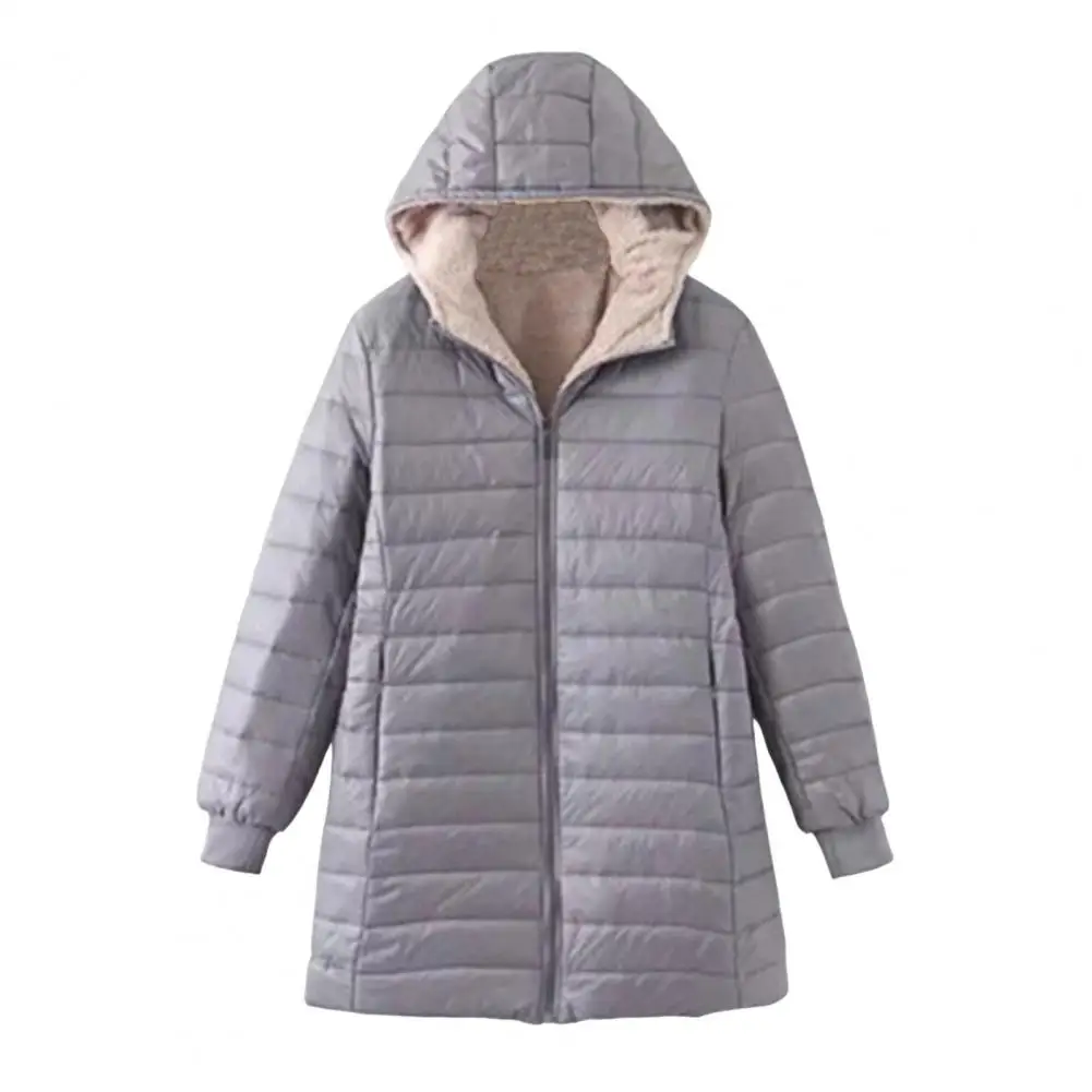 Winter Daunen mantel gepolsterte Plüsch haube mittellanger Reiß verschluss Mantel lange Ärmel Taschen warm täglich tragen Outwear Baumwoll jacke