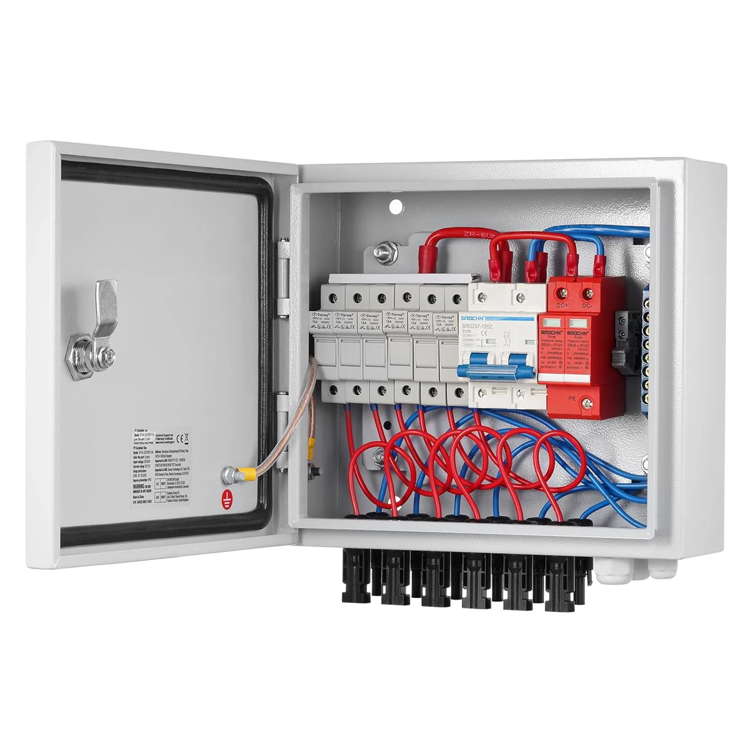 EmperySolar Monocrystalline Silicon PV Solar Combiner Box Metal Construction 15A Fuse 125A Circuit Breaker for On/Off Systems