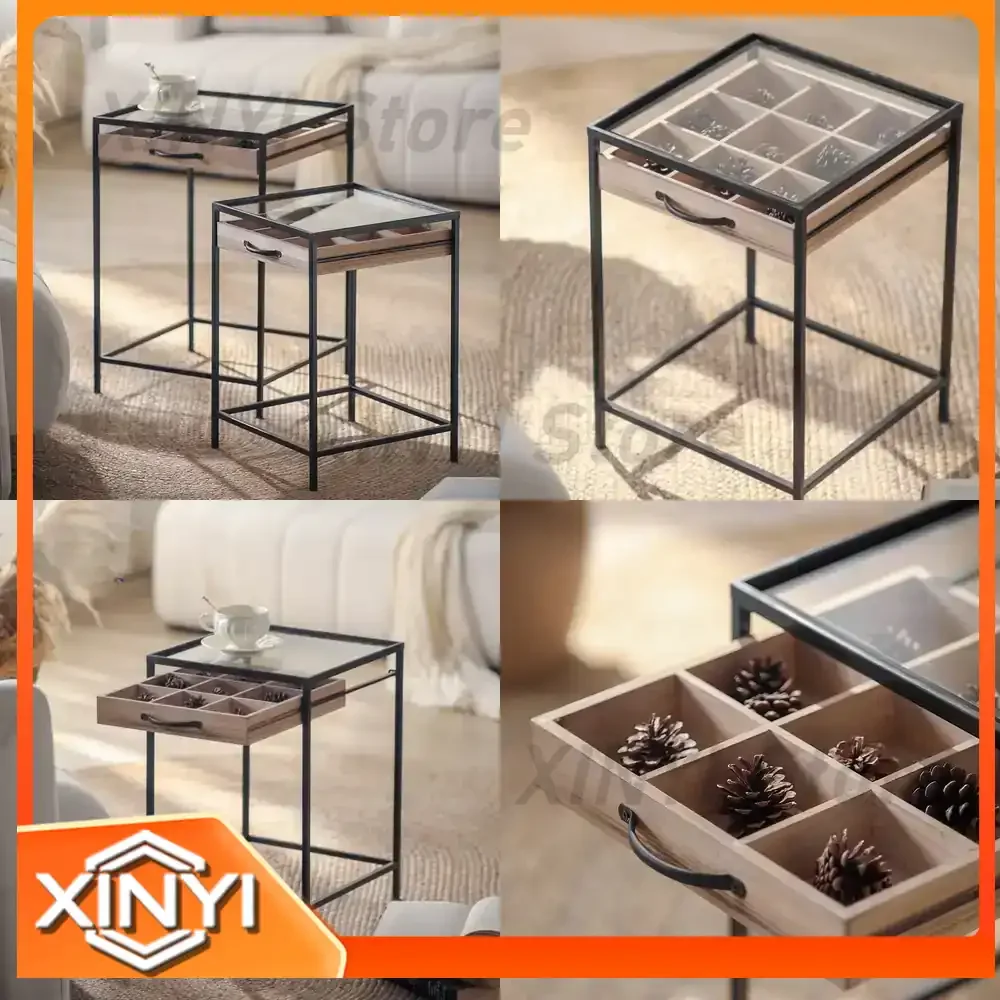 Medieval Solid Wood Small Coffee Table with Drawer and Multi-Grid Storage for Living Room Home Use with Wrought Iron Edge