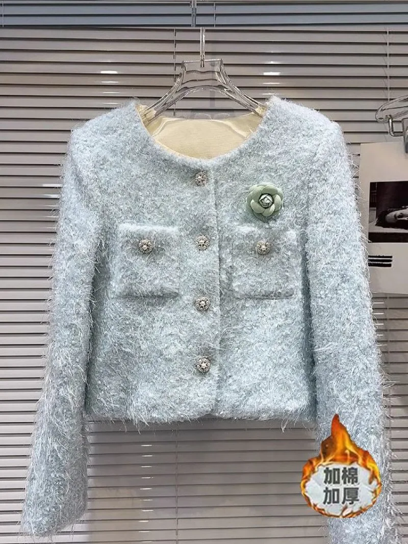 New Fashion Autumn Winter Women's Jacket High End Elegant Slim Long Sleeve Short Camellia Brooch Small Fragrant Coat