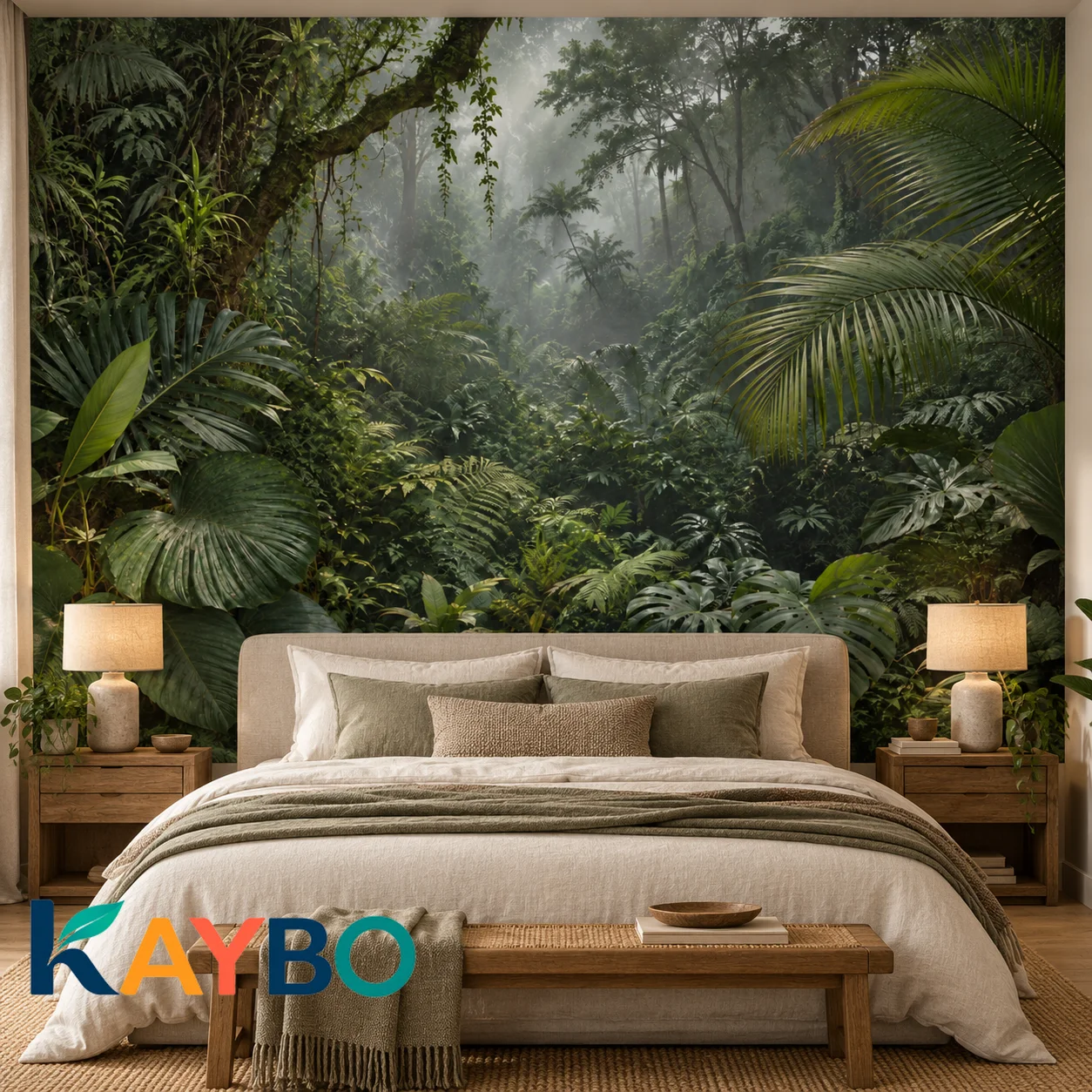 Tropical Rainforest Wall Mural Misty Jungle Botanical Landscape Wallpaper Non Self Adhesive Living Room Bedroom Green Wall Decor