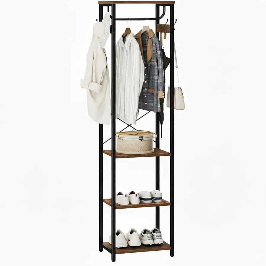 

Rack With Hanging Rod, Garment Rack With 3 Wooden Shelves and 4 Hooks, Freestanding Hall Tree, Industrial Clothes Rack Stand Or