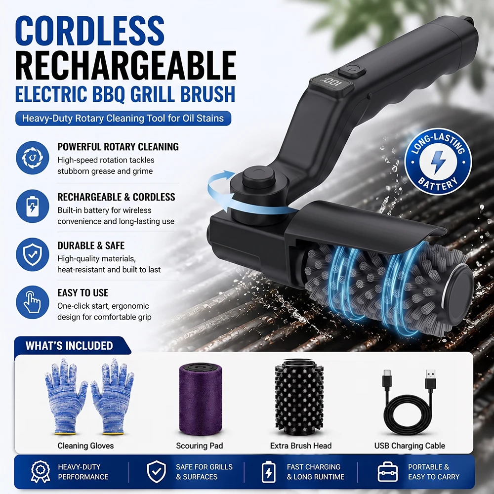 Electric BBQ Rotary Grill Brush, 4-Speed 4000mAh Cordless Cleaner, Adjustable Angle Barbecue Tool for Outdoor Grills Cleaner