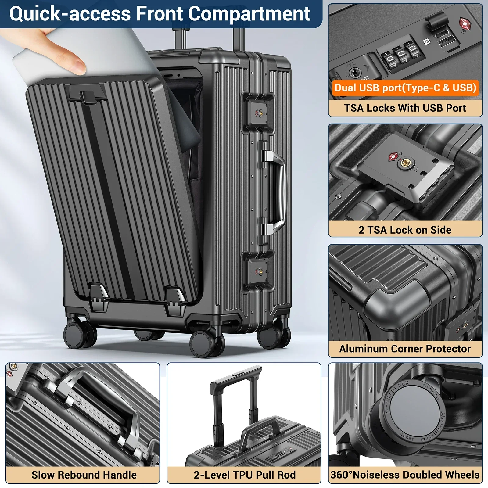 Airline Approved 22 inch Carry On Luggage,Aluminum Framed Carry On Suitcase with Front Open Laptop Compartment/Pocket