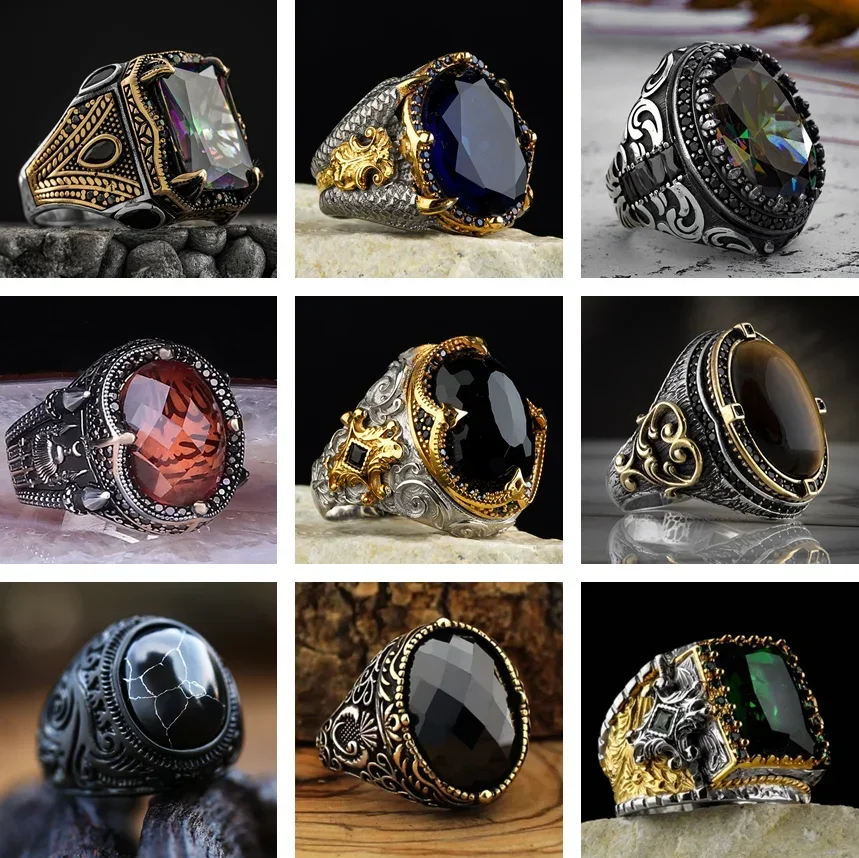 New Copper Material Open Adjustable Ring Amber Gemstone Personality High Jewelry Fashion Luxury Business Men\'s High-end Ring