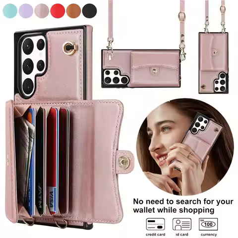 Lanyard Leather Wallet Phone Case for Samsung Galaxy S25 S24 Plus S23 FE S22 Ultra S21 S20 S10 Note 20 Flip Stand Cover Back Bag