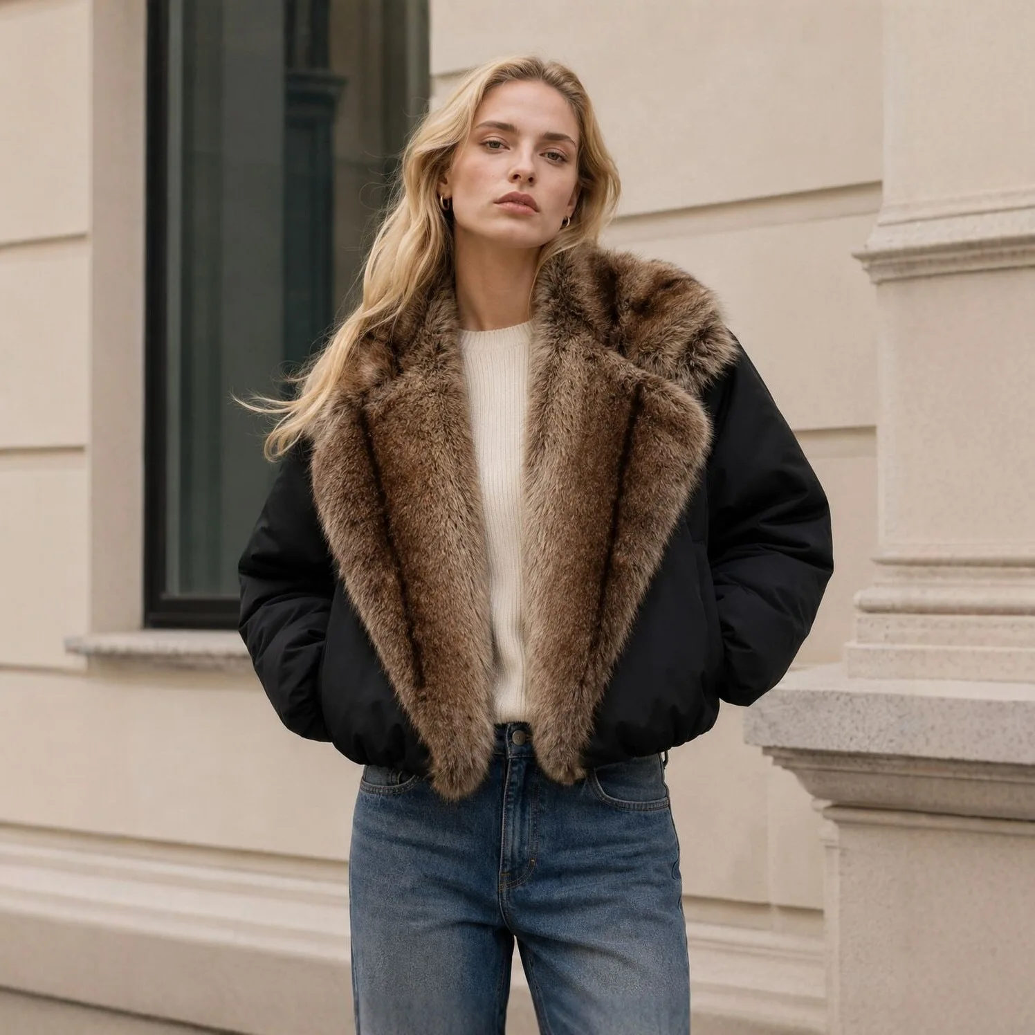 Women Faux Fur Parkas Coats Solid Overcoats Turn Down Collar Long Sleeves Thick Loose Fit Office Lady Casual 2026 Autumn Winter