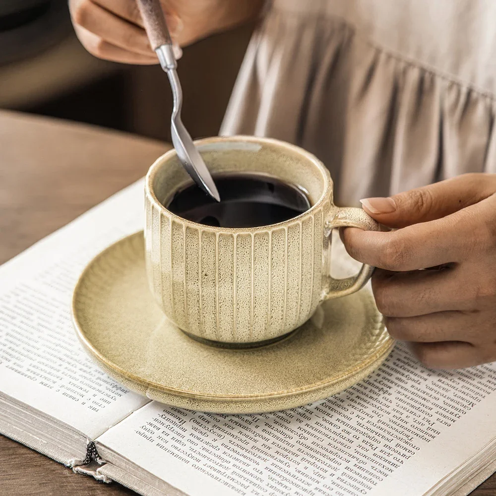 Vintage Ceramic Cup and Saucer Set Korean Style Ins Solid Color 240ml Household Drinkware Breakfast Milk Coffee Cup Saucer