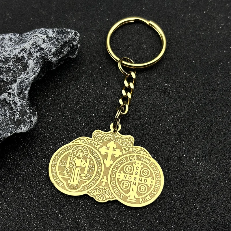 Catholic Saint Benedict Cross Medal Key Rings for Women Men Stainless Steel Gold Color Religious San Benito Key Chain Jewelry - Image 3