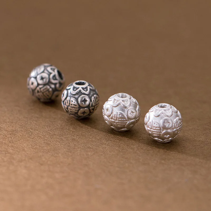 1pc/lot 999 Pure Silver Chinese Good Luck Pattern Loose Beads 8.5mm Handmade Lucky Silver Beads Spacer DIY Fine Jewelry Making