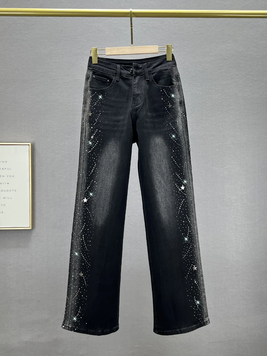 

Джинсы с высокой талией и широкими штанинами, женские, свободного кроя, с эффектом похудения, украшенные стразами, черные джинсовые брюки, осенняя коллекция, европейский стиль