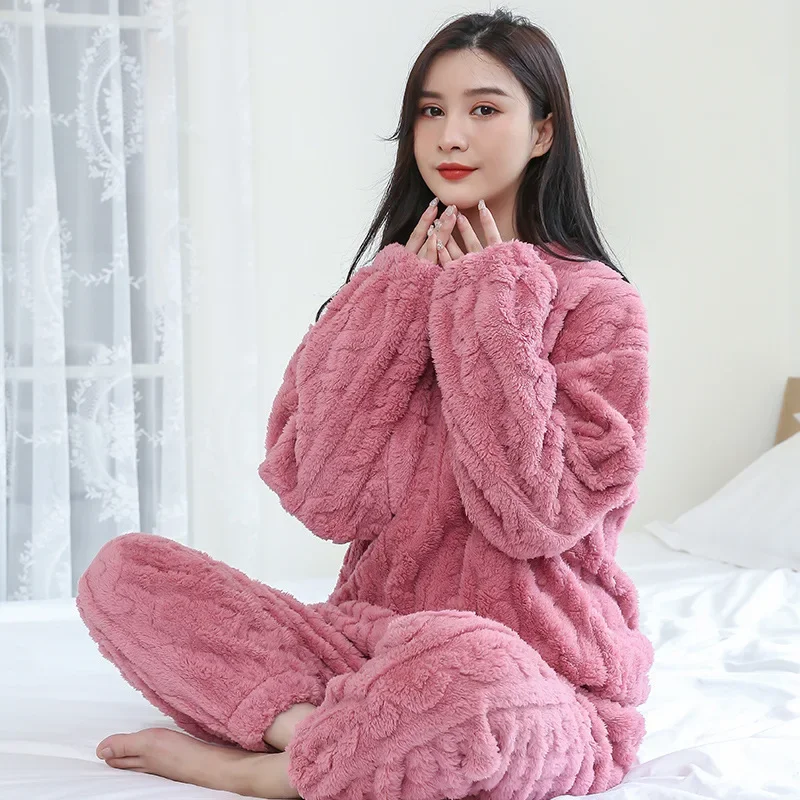 Women Fleece Pajamas Set 2024 Winter Sleepwear Solid Velvet 2 Piece Pant Home Suit Fluffy Casual Pajamas Warm O-neck Night Wear