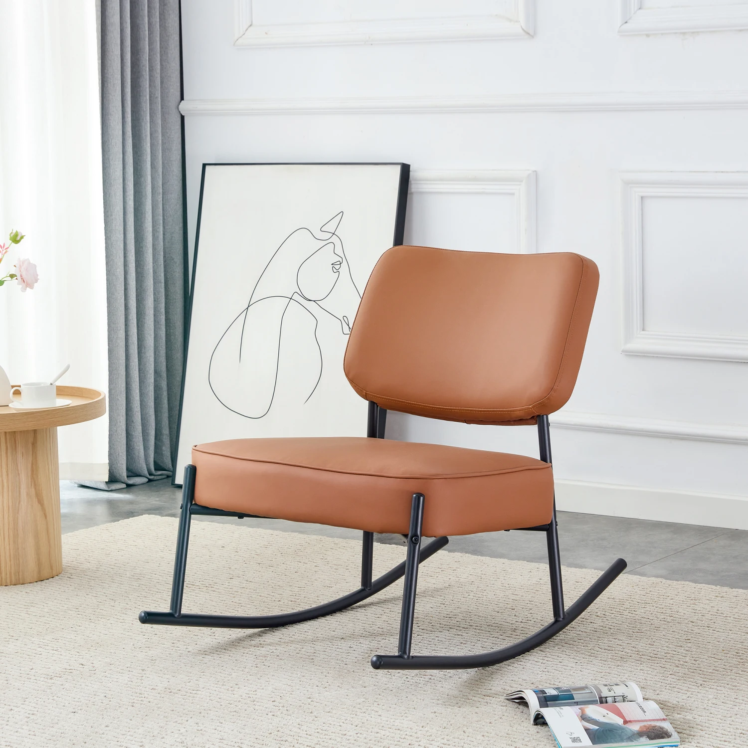 

PU material cushioned rocking chair, unique rocking chair, cushioned seat, brown backrest rocking chair, black metal legs. Comfo