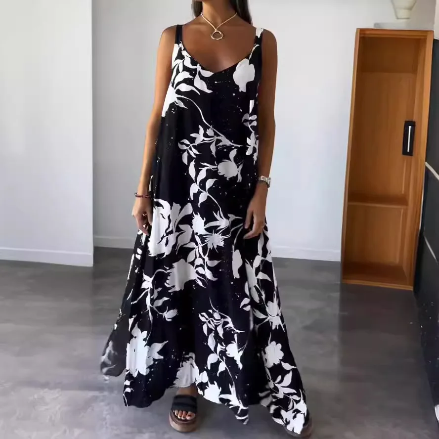 Cross-Border European And American Holiday Long 2026 Summer New Amazon Print Strapless Backless Neck Dress
