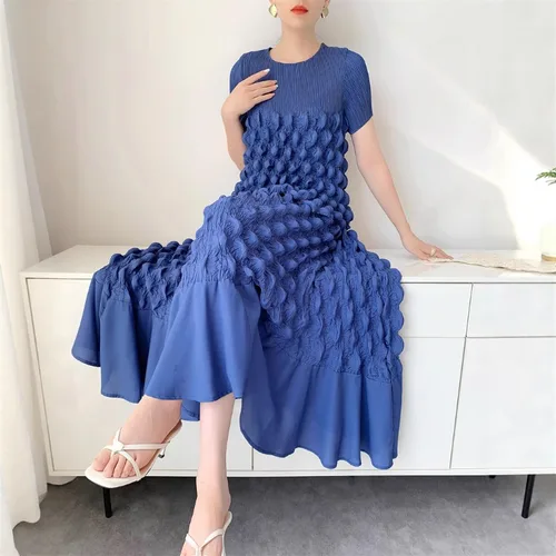 Imagen 2 del producto Nuevo Traje de estilo Miyake plisado de burbujas hecho a mano de manga corta, media falda elástica con cintura elástica, moda informal cómoda para mujer
