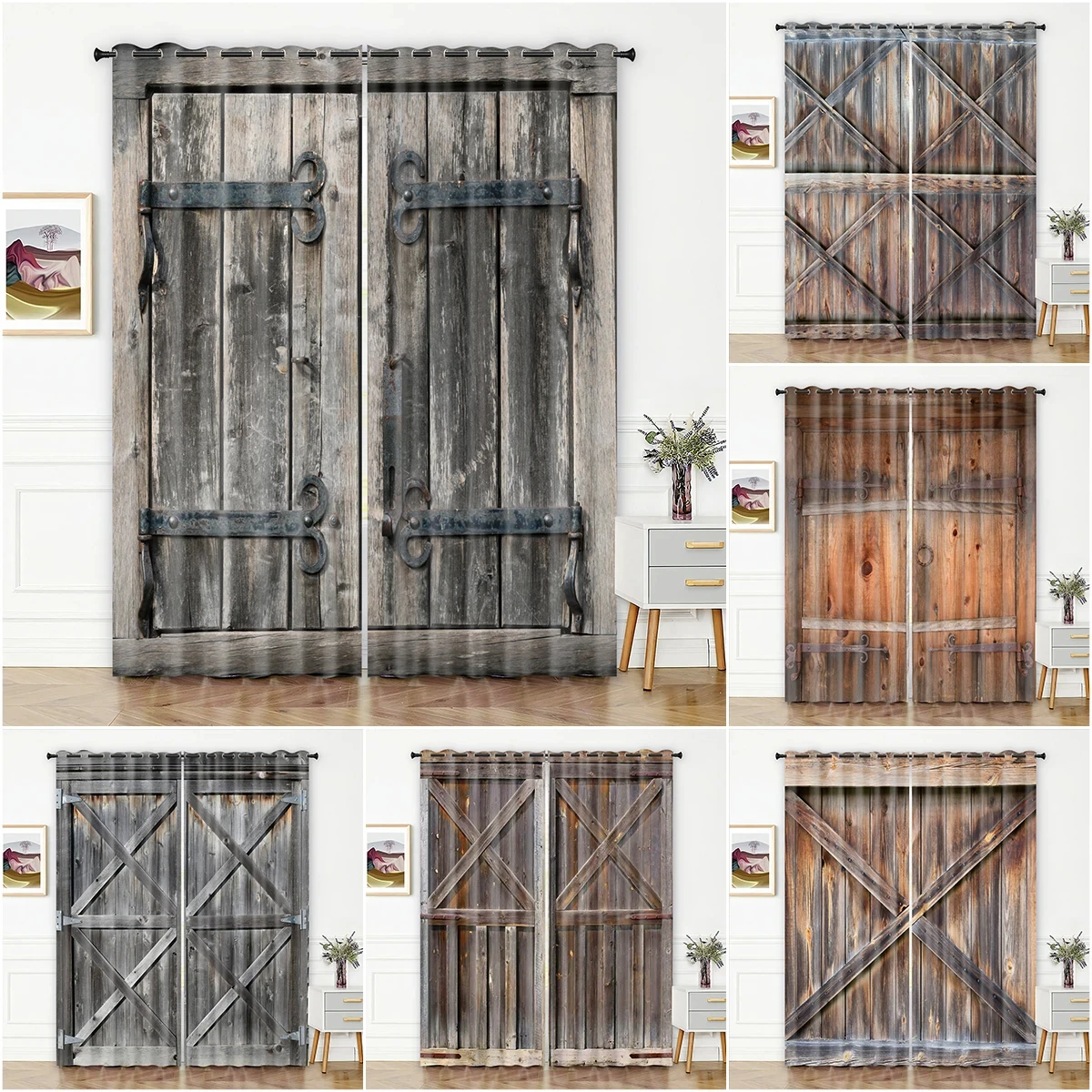 Retro Wooden Door Texture Vintage Barn Curtains for Bedroom Living Room Kitchen Window Curtain Modern Home Room Decor 2 Panels