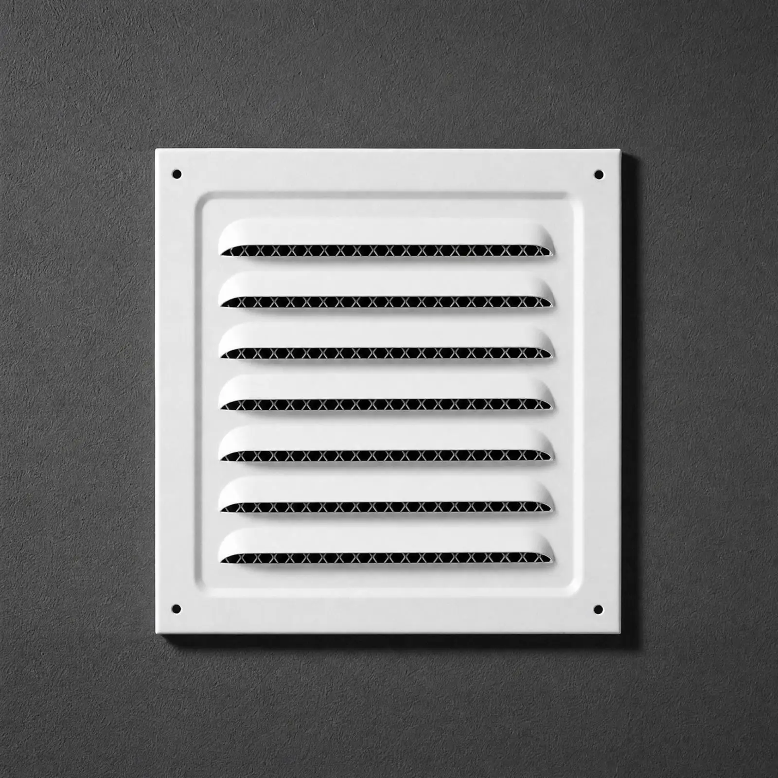 Rectangular White Wall Vent Cover with Louvered Grille and Mesh Backing for Outdoor Airflow Control