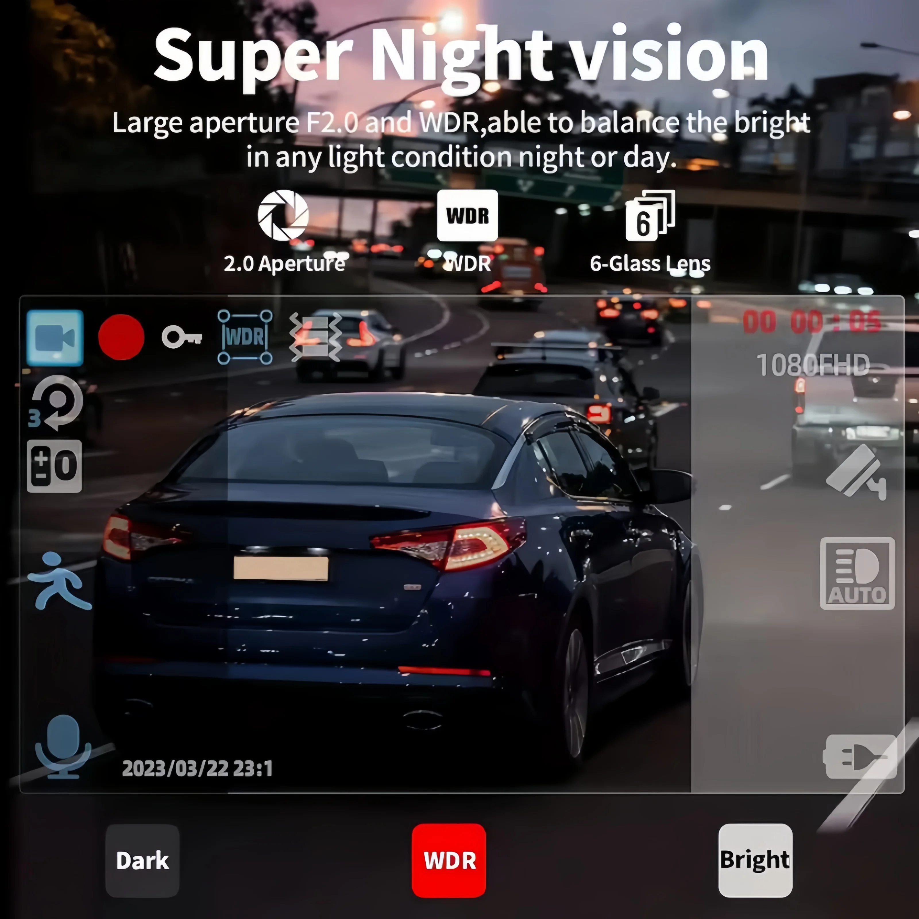 1080P 3 Channel Dash Cam, Triple Lens Recording, IR Night Vision, Ultra Wide Angle, Auto Loop Recording, Universal Fit