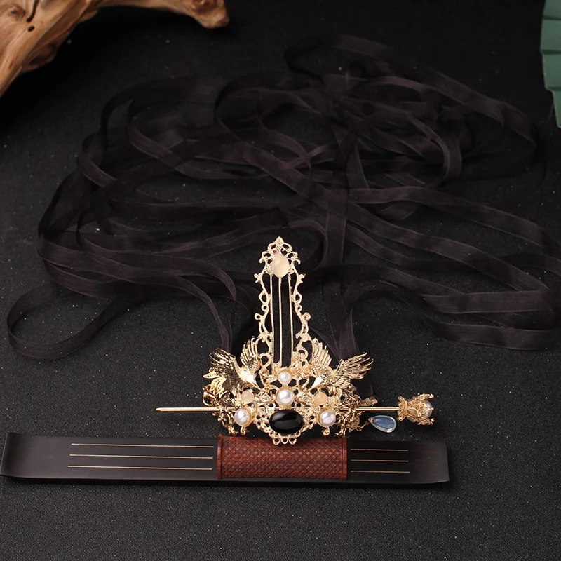 تاج شعر صيني مزدوج الرافعات مع زخرفة شعر عتيقة بشريط أسود