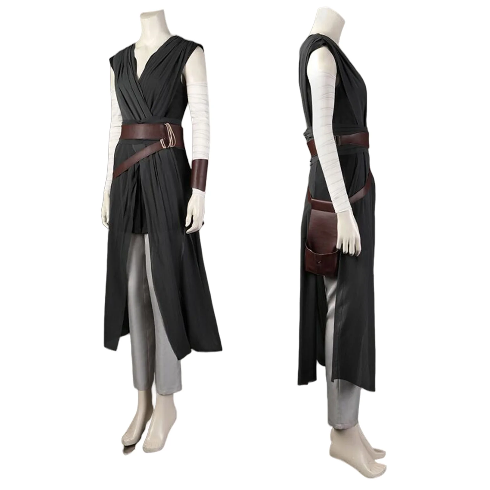 Movie Cos Women Fans Rey Cosplay Costume Black V Neck Dress Corset Faux Leather Sashes Pants Sleeve Carnival Halloween Outfits