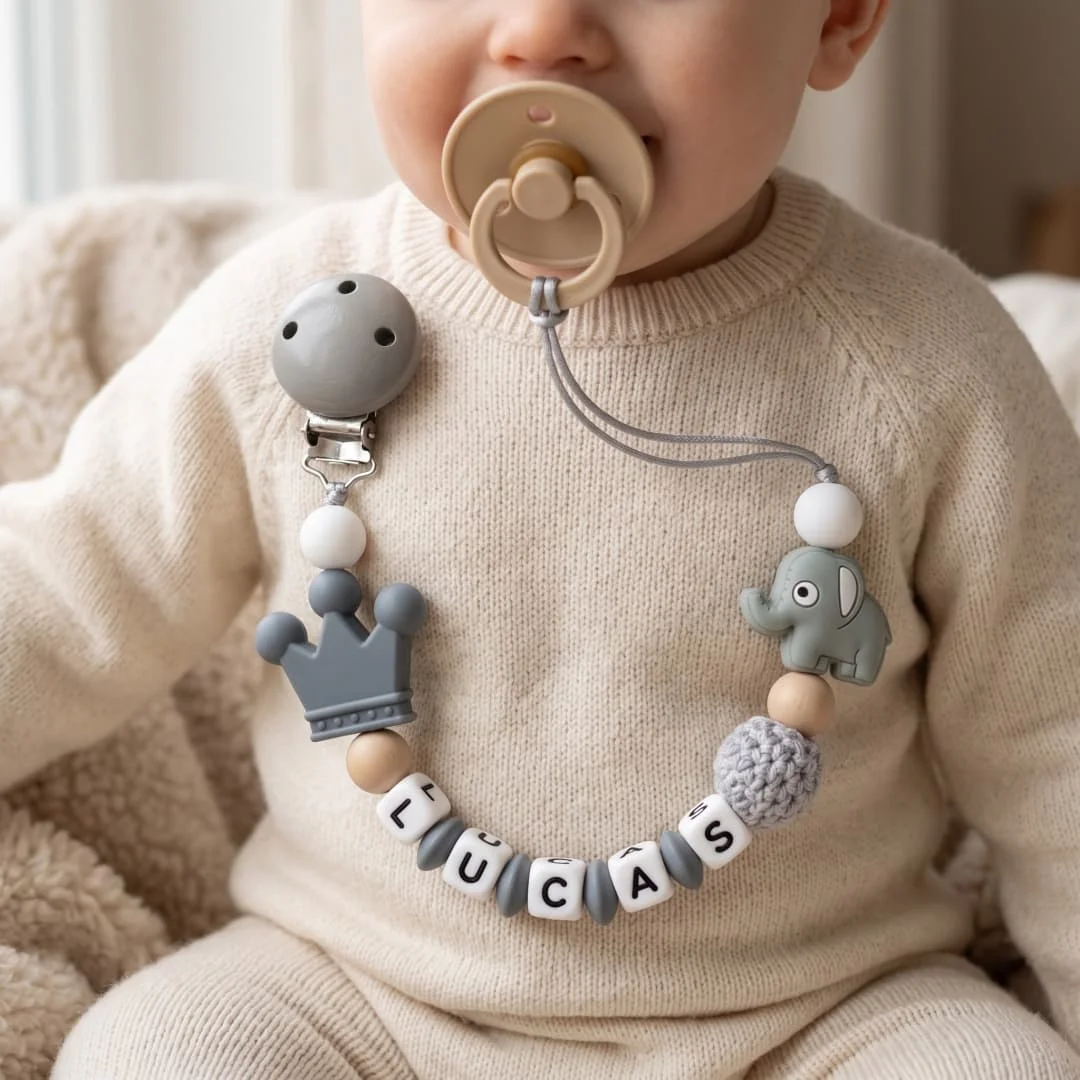 2026 Custom Name Baby Pacifier Clip Elephant Crown Teething Dummy Chain Handmade Crochet Silicone Teether BPA Free Infant Gift