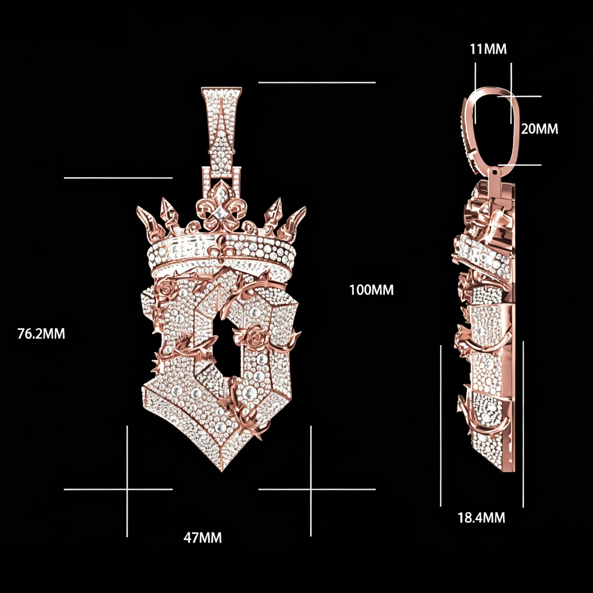 Iced Out Crown Rose Thorn Shield Pendant Necklace For Men Women Shiny Cubic Zirconia 18K Gold Plated Hip Hop Charm Rose And Thorn Detail Design Regal King Crown Symbolize Bloom In Adversity Spirit Perfect Accessory Fine Jewelry Gifts for Men Boy Friends