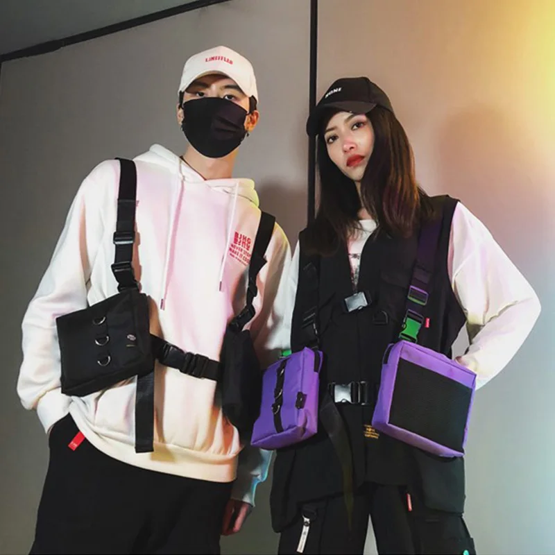 Bolsa de Peito Hip Hop Tática Streetwear Unissex, Pochete Funcional para Exterior, Colete com Dois Bolsos, Bolsa de Peito com Arnês, Bolsa Disco