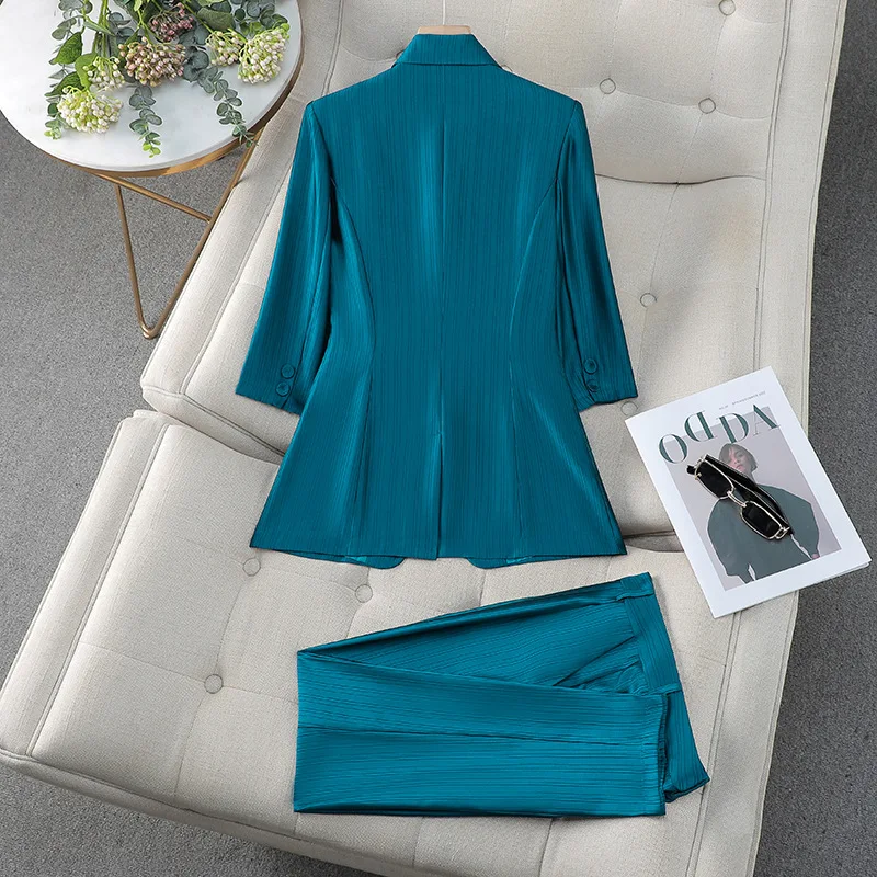 Suit Sets Ladies Temperament 2024 Spring Summer Thin Section Acetate Satin Business Wear Office Lady High-End elegant Blue Suit