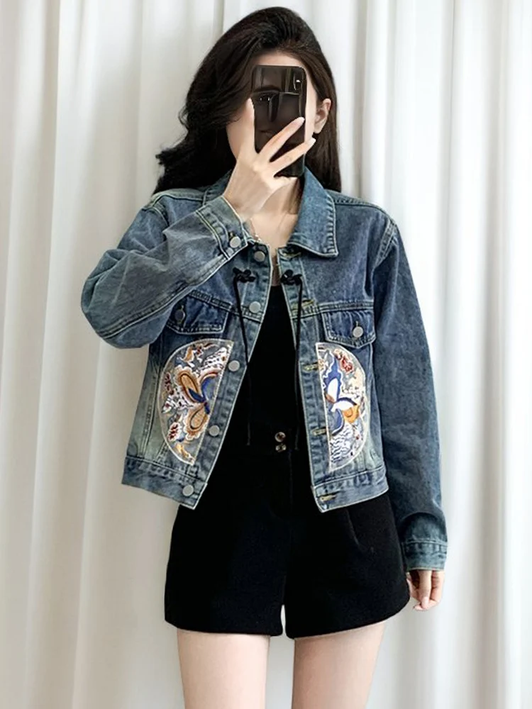 

New 2025 Spring Denim Jacket Women Chinese Style Long Sleeve Blue Jeans Coats Embroidery Streetwear Layd Jacket For Women