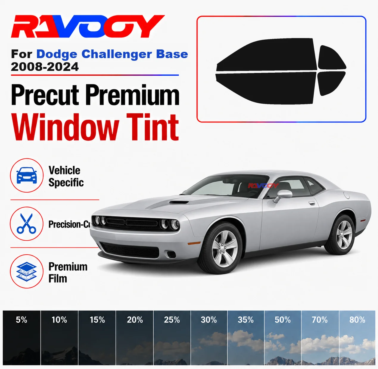 

Premium Precut Window Tint Kit Front Windows Rear Windows Rear Windshield For Dodge Challenger Base 2008-2024 Nano Ceramic Film