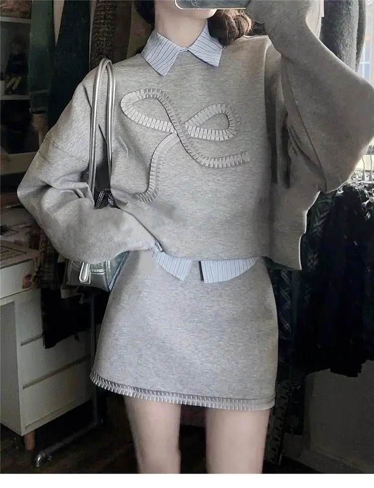 

Japan Fashion 2 Piece Skirts Sets Women Casual Y2k Sweatshirts Pullover + Mini Skirts Vintage Suits Chic Outwear Autumn Bow