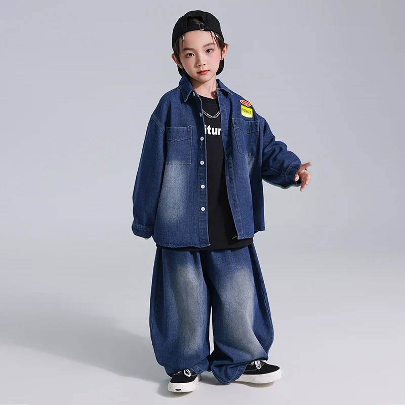 Kinder Hip Hop Kleidung Jungen Baggy Denim Mantel Hosen Street Wear Lange Ärmel Pause Poppin Dance Performance Outfit Rave BL14238