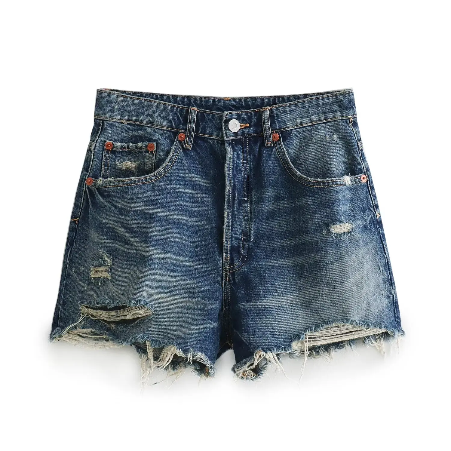 Women\'s New Shorts Fashionable Perforated Decoration High Waist Mini Ragged Edge Denim Shorts