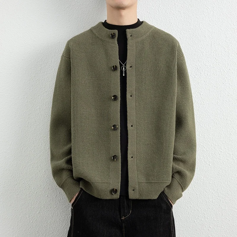 Casual Button Knitted Cardigan Men's Autumn New Versatile Simple Sweater Coats Straight Loose Round Neck Jumpers Gentle Cleanfit