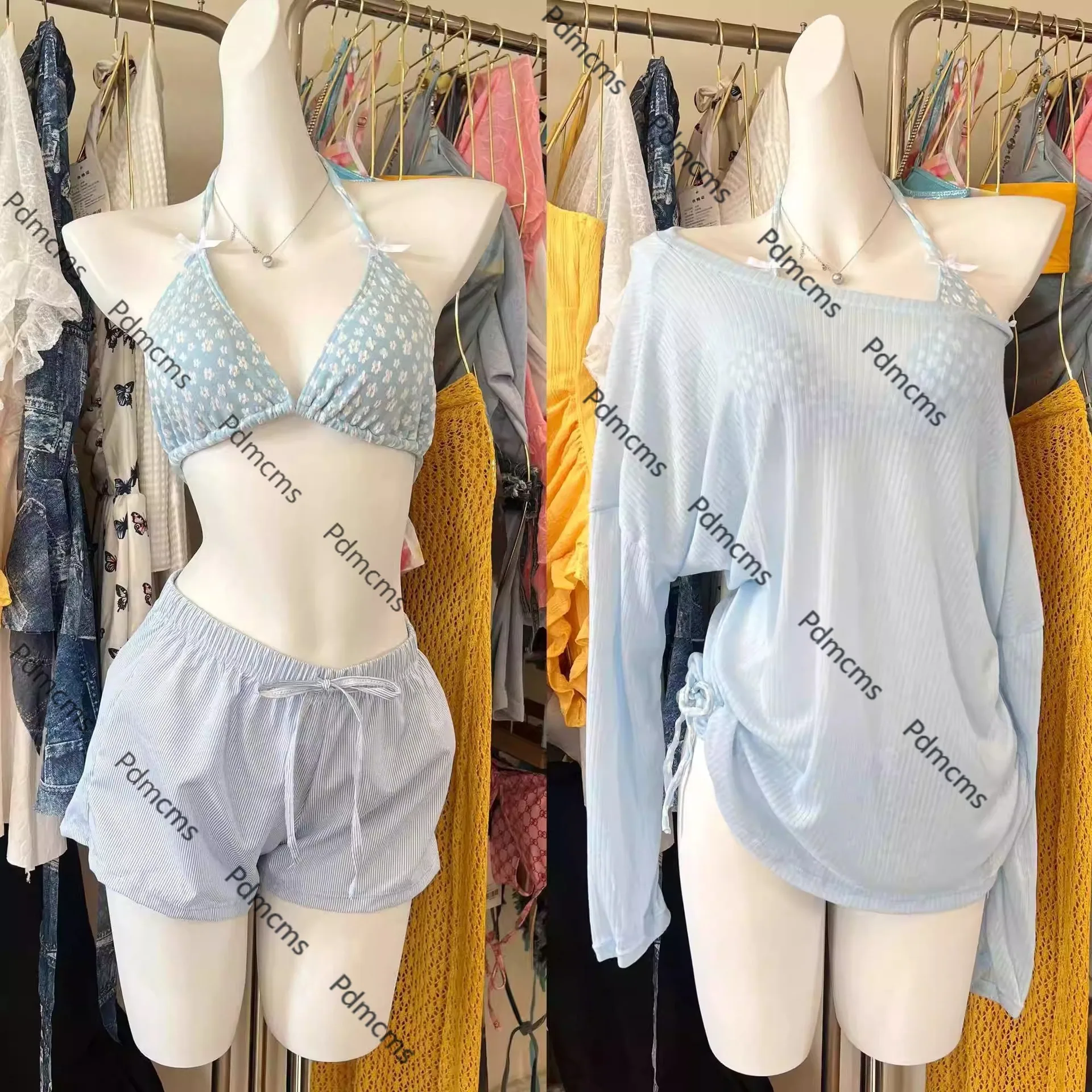 

2025 new solid color bikini four-piece high-value printed bow to cover the belly and show thinness and whiteness swimsuit