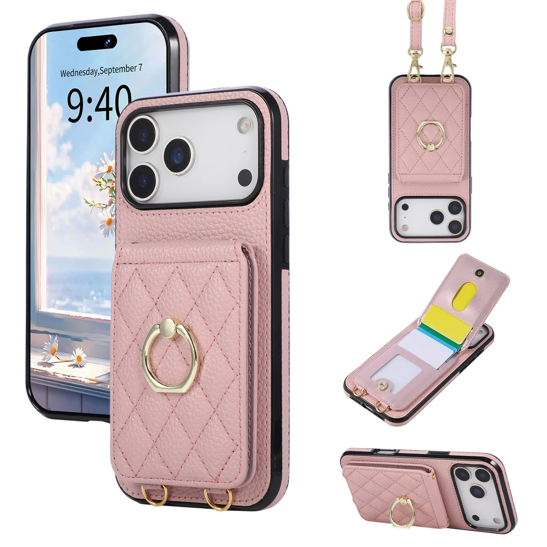 

Crossbody Grid Bracket Leather Card Wallet Case For iPhone 11 12 13 14 15 16 17 Pro Max Plus Purse Phone Cover Ring Stand Holder