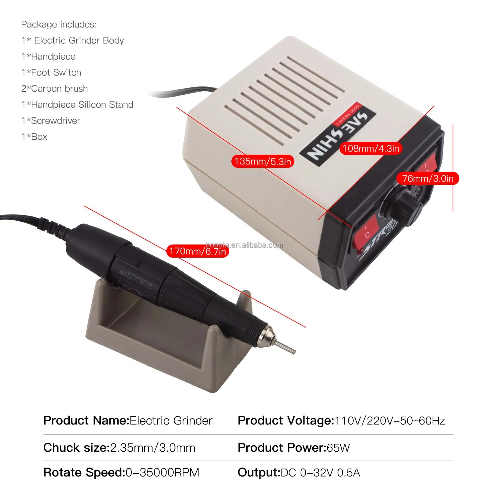 204 Strong Jewelry Polishing Micro Motor Grinder Variable Speed 35000RPM Nail Drill Machine 2.35mm 3.0mm Making Tool Set