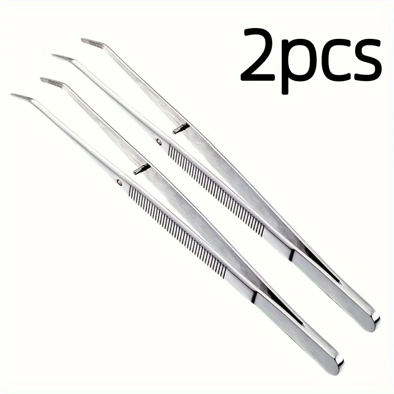 1/2pcs Stainless Steel Dental Tweezers, Double Curved, Non-Slip Grip, Serrated Tips, Manual Dental Hygiene Tool for Gum Health