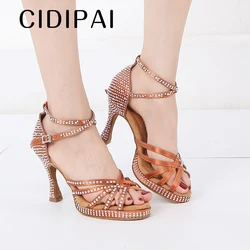 CIDIPAI Platform Dance Shoes Brown Satin Ballroom Dancing Heels Woman Platform Latin Dance Shoes Soft Sole Women Wedding Sandals