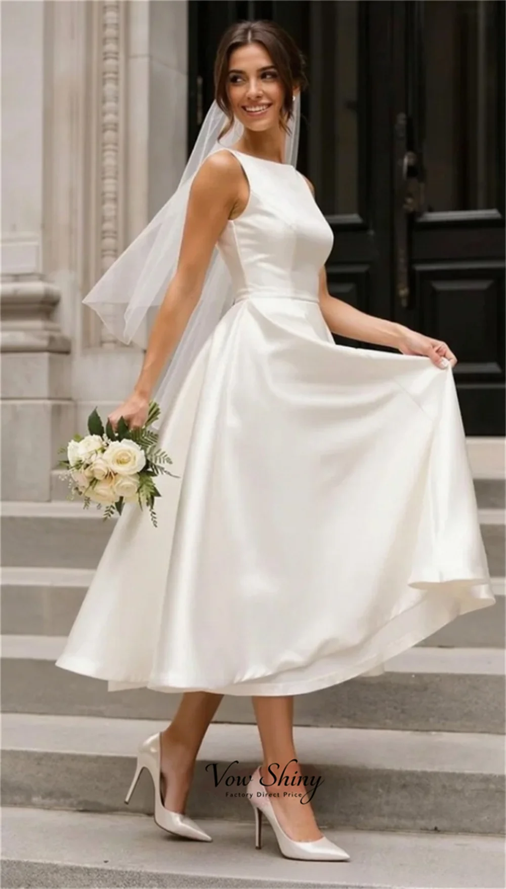 Vow Shiny Elegant Boat Neck Sleeveless Wedding Dresses For Woman Satin A-Line Midi Bridal Gown Customized Civil Wedding Dress