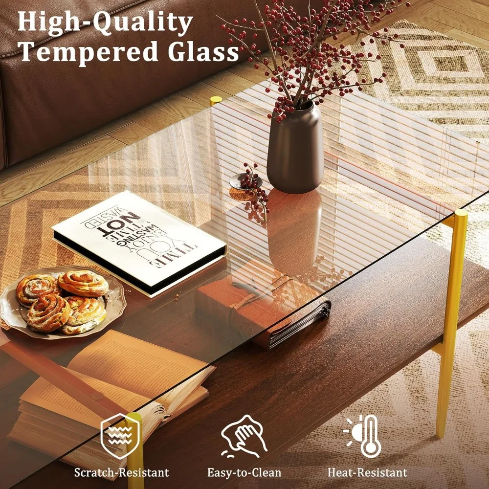 유리 커피 테이블, 앰버 강화 유리 테이블 상판이 있는 미드 센추리 모던 센터 테이블, 월넛 수납 선반 및 골든 레이어